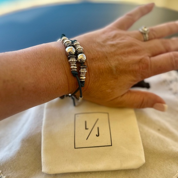 Lizzy James, Aurora Silver and Blue Leather Adjustable Dual Bracelets, BoHo - Picture 2 of 6